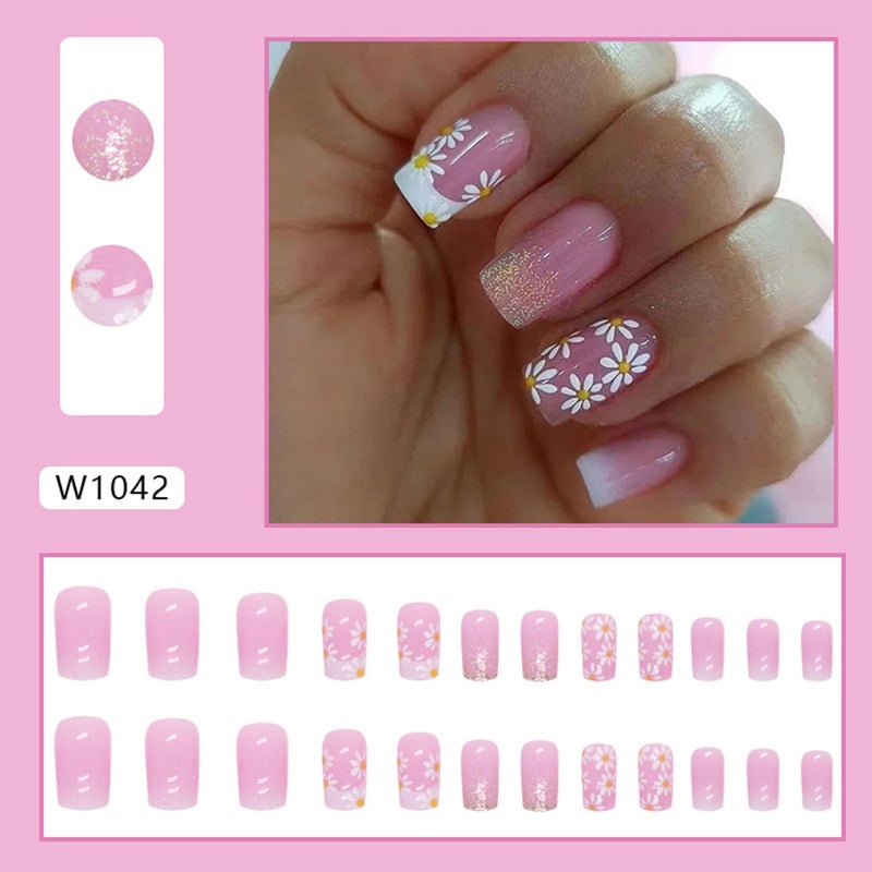 Vopintpy White Flower French Tip Press on Nails Square Medium Length Fake Nails Pink Gradient False Nails with Glitter Design Glossy Full Cover Artificial Nails Reusable Stick on Nails Glue on Nails for Women - Image 2